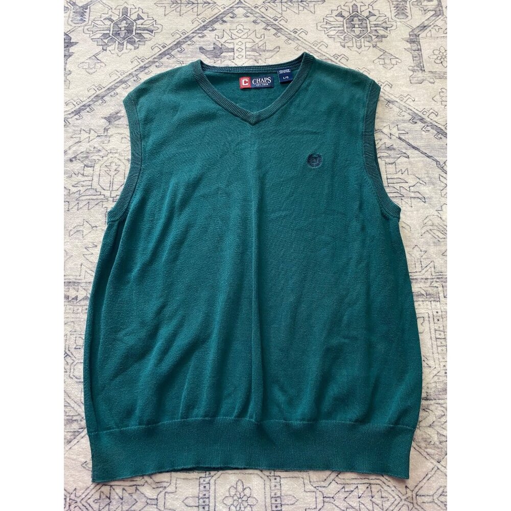 Chaps Green Cotton Sleeveless V-Neck Sweater Vest Large Casual Mens 100% Cotton